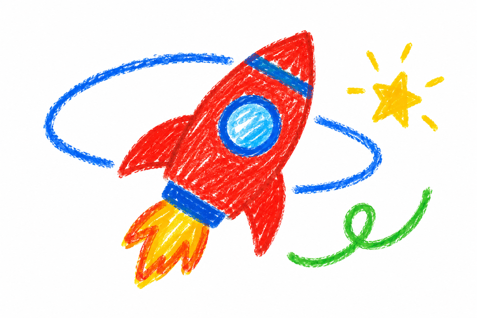 A playful crayon rocket flying past a yellow star